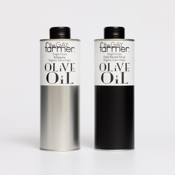 The Gay Farmer Set / Arbequina Oct/Nov 2024 Organic Extra Virgin Olive Oil 500 ml & Early Harvest Oct 2024 Organic Extra Virgin Olive Oil 500ml. Free GB mainland delivery!