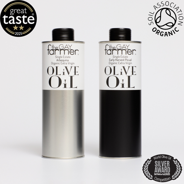 The Gay Farmer Set / Arbequina Oct/Nov 2024 Organic Extra Virgin Olive Oil 500 ml & Early Harvest Oct 2024 Organic Extra Virgin Olive Oil 500ml. Free GB mainland delivery!