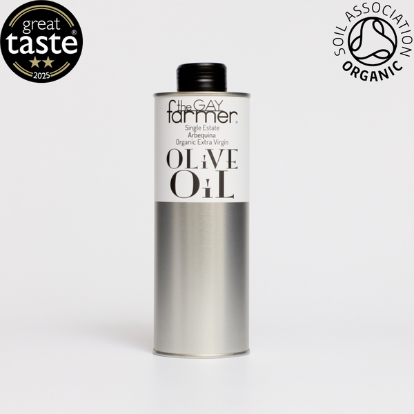 The Gay Farmer Arbequina Organic Extra Virgin Olive Oil November 2024 Harvest 500 ml / Free GB mainland delivery with 2 Cans or more.