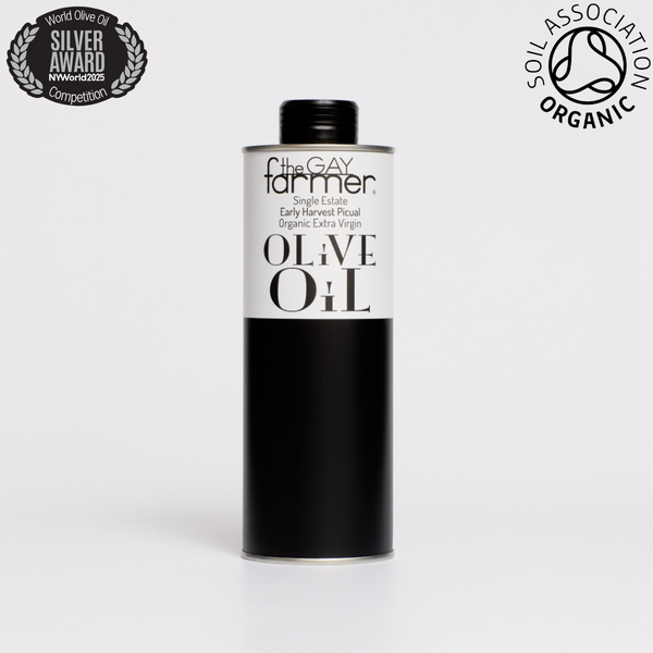 The Gay Farmer Early Harvest Picual October 2024 Organic Extra Virgin Olive Oil 500ml / Free GB mainland delivery with 2 cans or more.