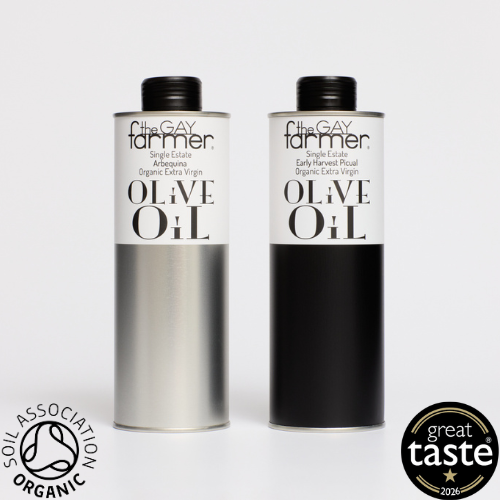 The Gay Farmer Set / Early Harvest Arbequina October 2025 Organic Extra Virgin Olive Oil 500 ml & Early Harvest Oct 2025 Organic Extra Virgin Olive Oil 500ml. Free GB mainland delivery!