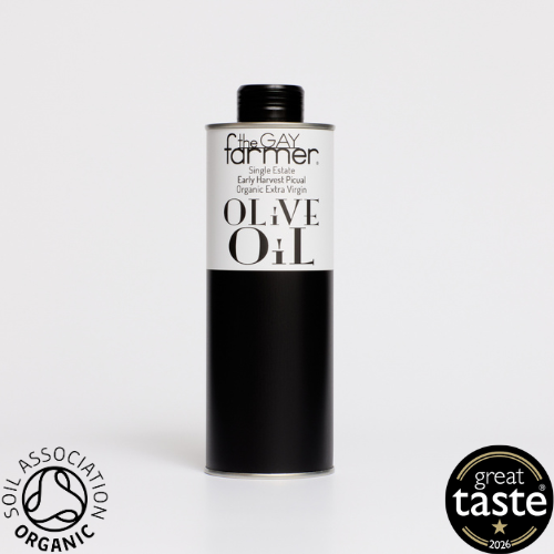 The Gay Farmer Early Harvest Picual October 2025 Organic Extra Virgin Olive Oil 500ml / Free GB mainland delivery with 2 cans or more.