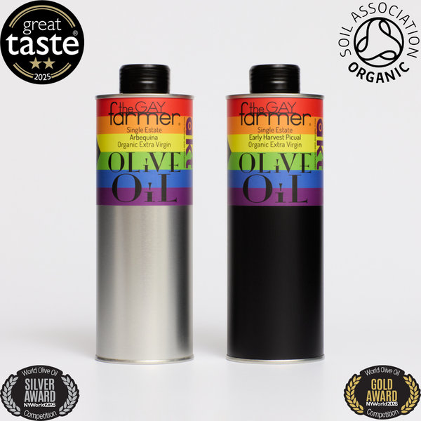 TGF X AKT Set Early Harvest Picual October 2025 Organic Extra Virgin Olive Oil 500ml & Early Harvest Arbequina Organic Extra Virgin Olive Oil October 2025 Harvest 500 ml. Proudly Supporting AKT with £1 from every can purchased.