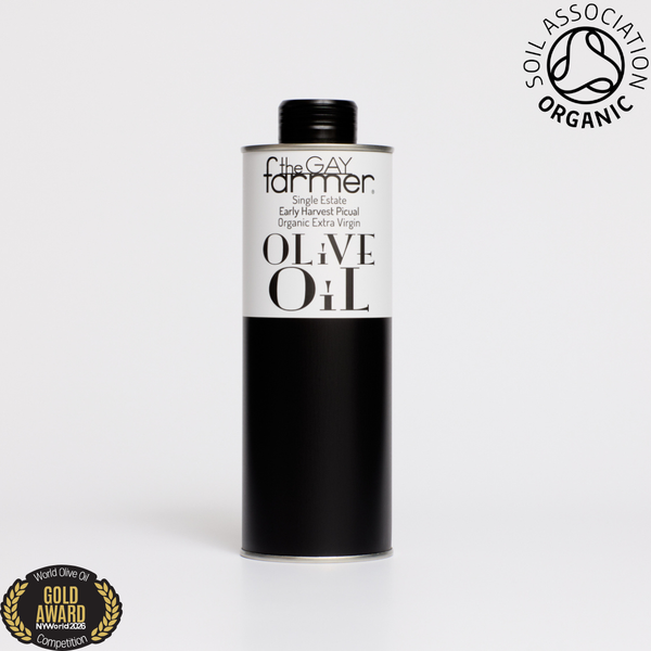 The Gay Farmer Early Harvest Picual October 2025 Organic Extra Virgin Olive Oil 500ml / Free GB mainland delivery with 2 cans or more.
