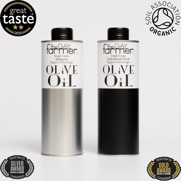 The Gay Farmer Set / Early Harvest Arbequina October 2025 Organic Extra Virgin Olive Oil 500 ml & Early Harvest Oct 2025 Organic Extra Virgin Olive Oil 500ml. Free GB mainland delivery!