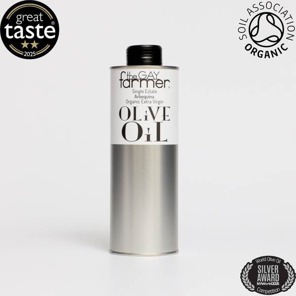 The Gay Farmer Early Harvest Arbequina Organic Extra Virgin Olive Oil October 2025 Harvest 500 ml / Free GB mainland delivery with 2 Cans or more.